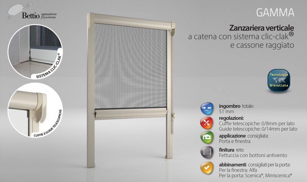 Zanzariera Verticale a catena con sistema clic-clak e cassone raggiato.