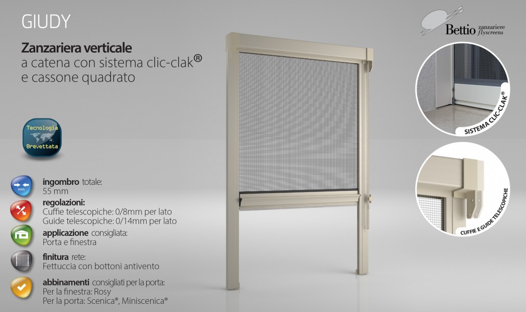 Zanzariera Verticale a catena con sistema clic-clak e cassone quadrato.