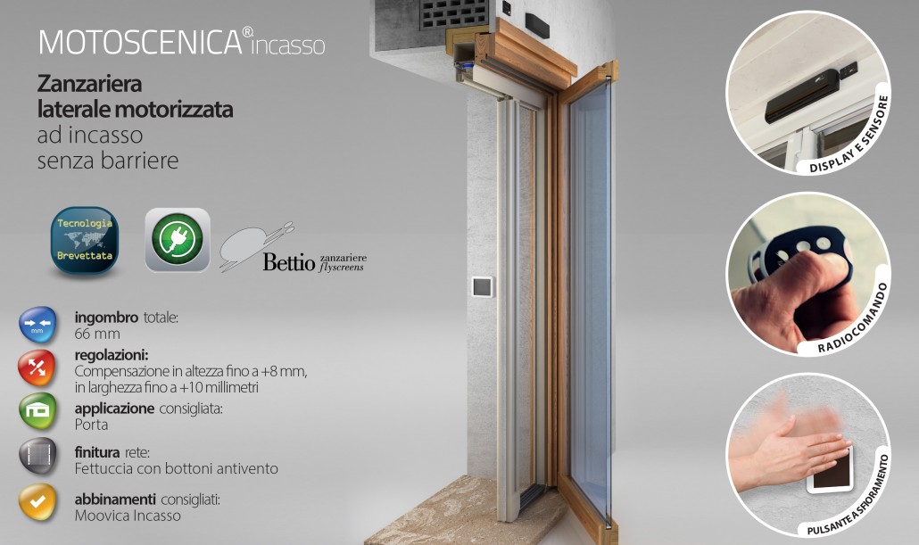 Zanzariera laterale motorizzata ad incasso senza barriere.